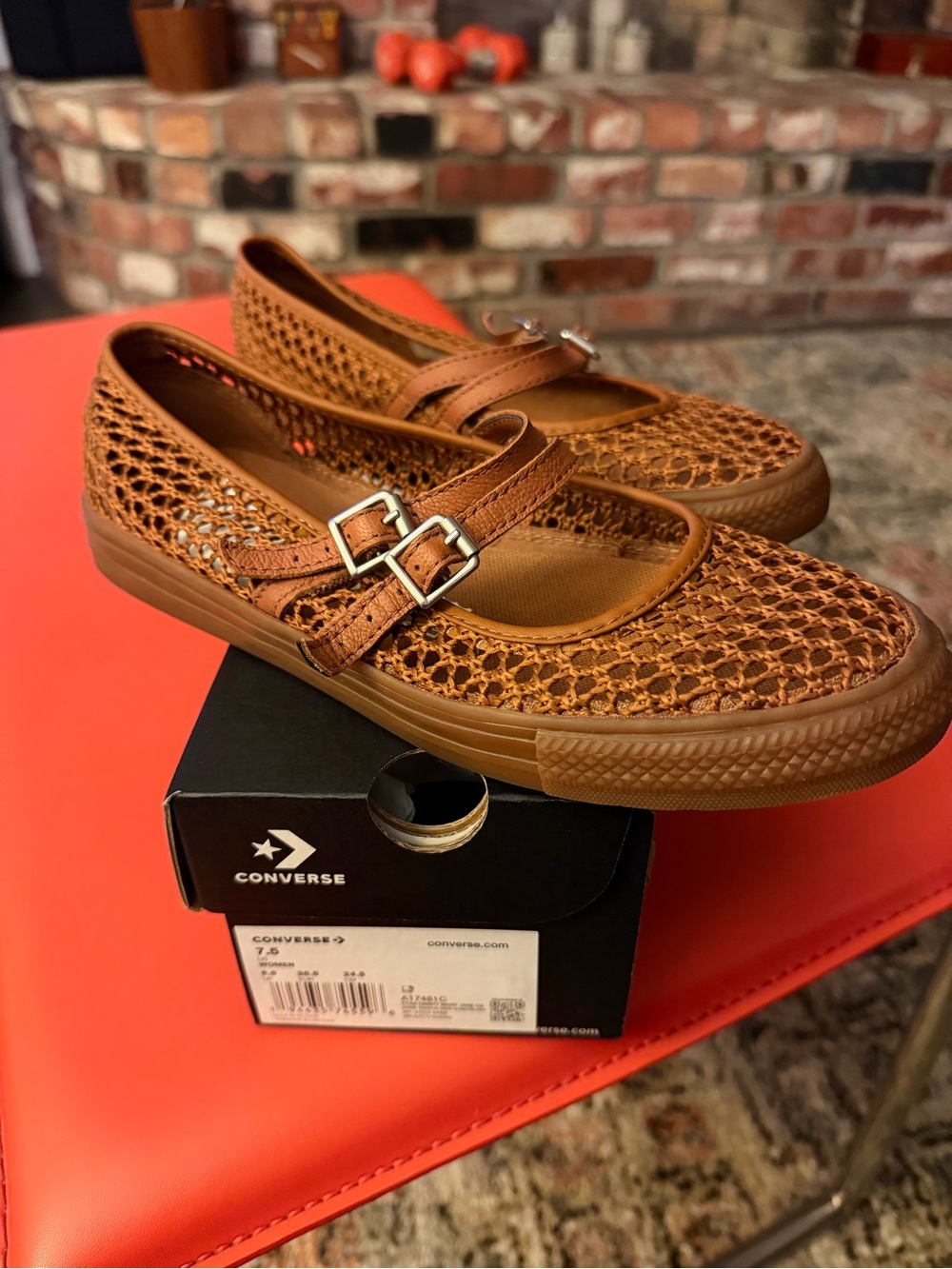 Converse Women’s Tan Woven Mary Jane Flats with Double Buckle